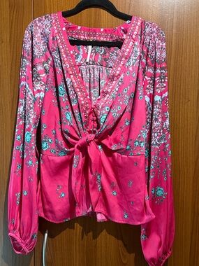 Free People Fuchsia Floral Tie-Front Blouse